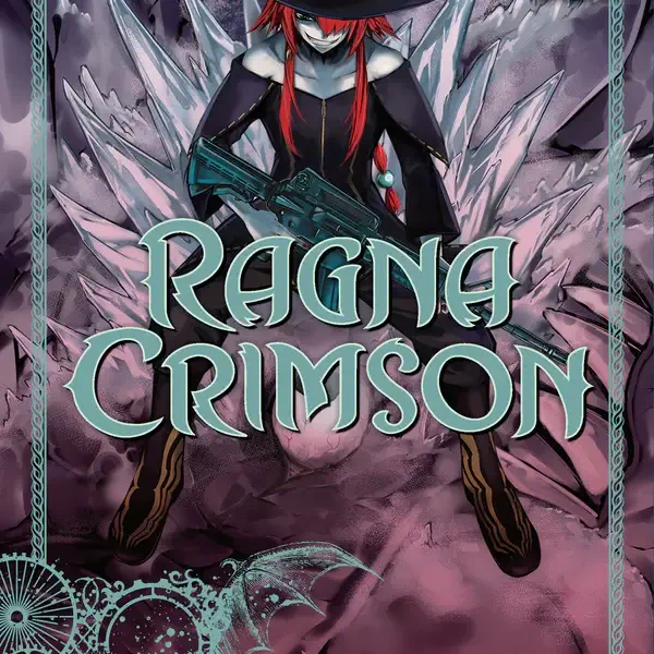 An anime-themed avatar featuring a character from Ragna Crimson, posed with a weapon against a backdrop of sharp crystals, surrounded by intricate design elements.