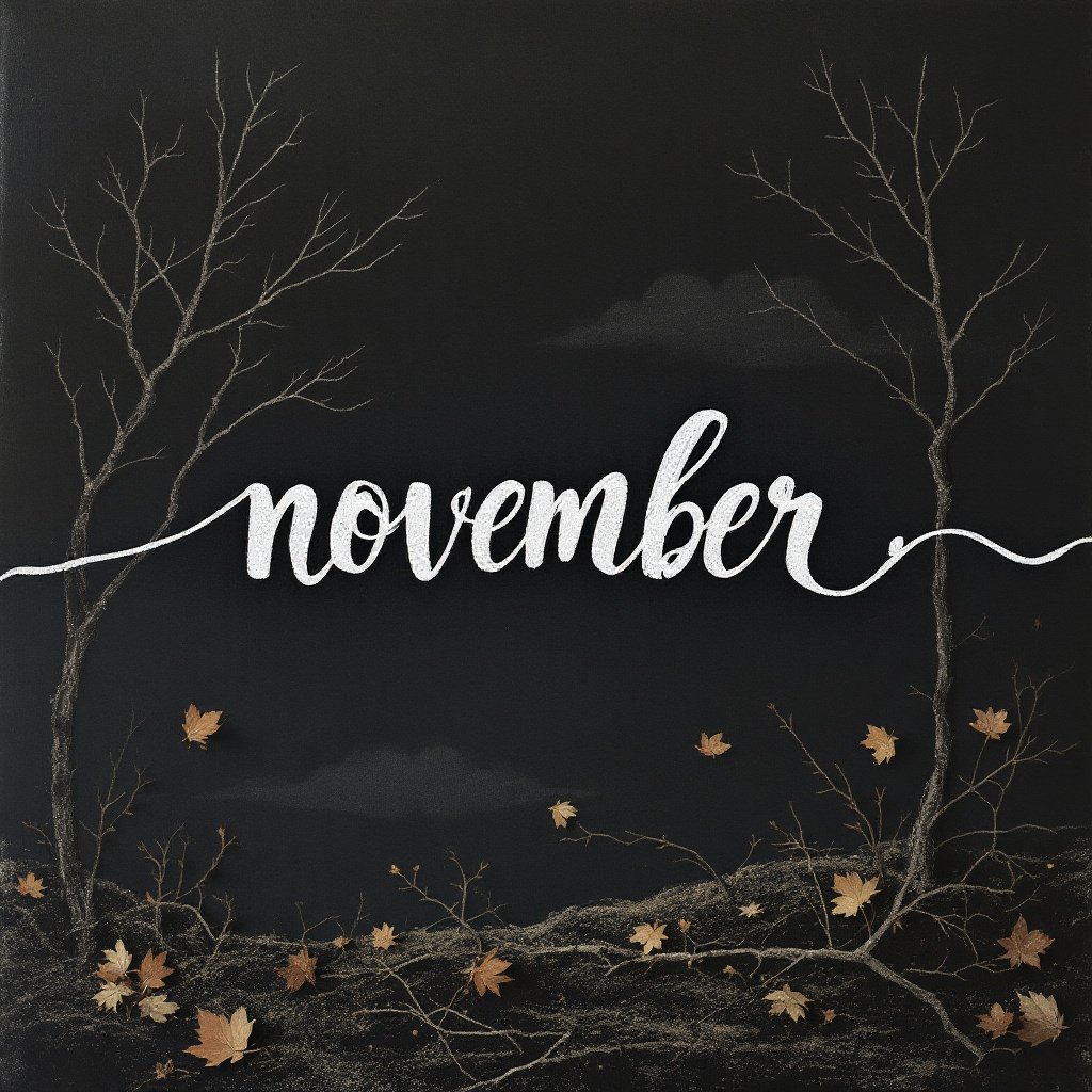 A dark, moody avatar featuring the word november in elegant script, surrounded by bare branches and scattered autumn leaves, evoking the essence of the month.