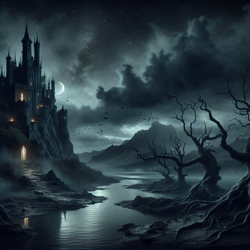 Dark fantasy landscape featuring a towering, eerie castle beside a shadowy river, under a cloudy, moonlit sky with twisted, barren trees in the foreground.