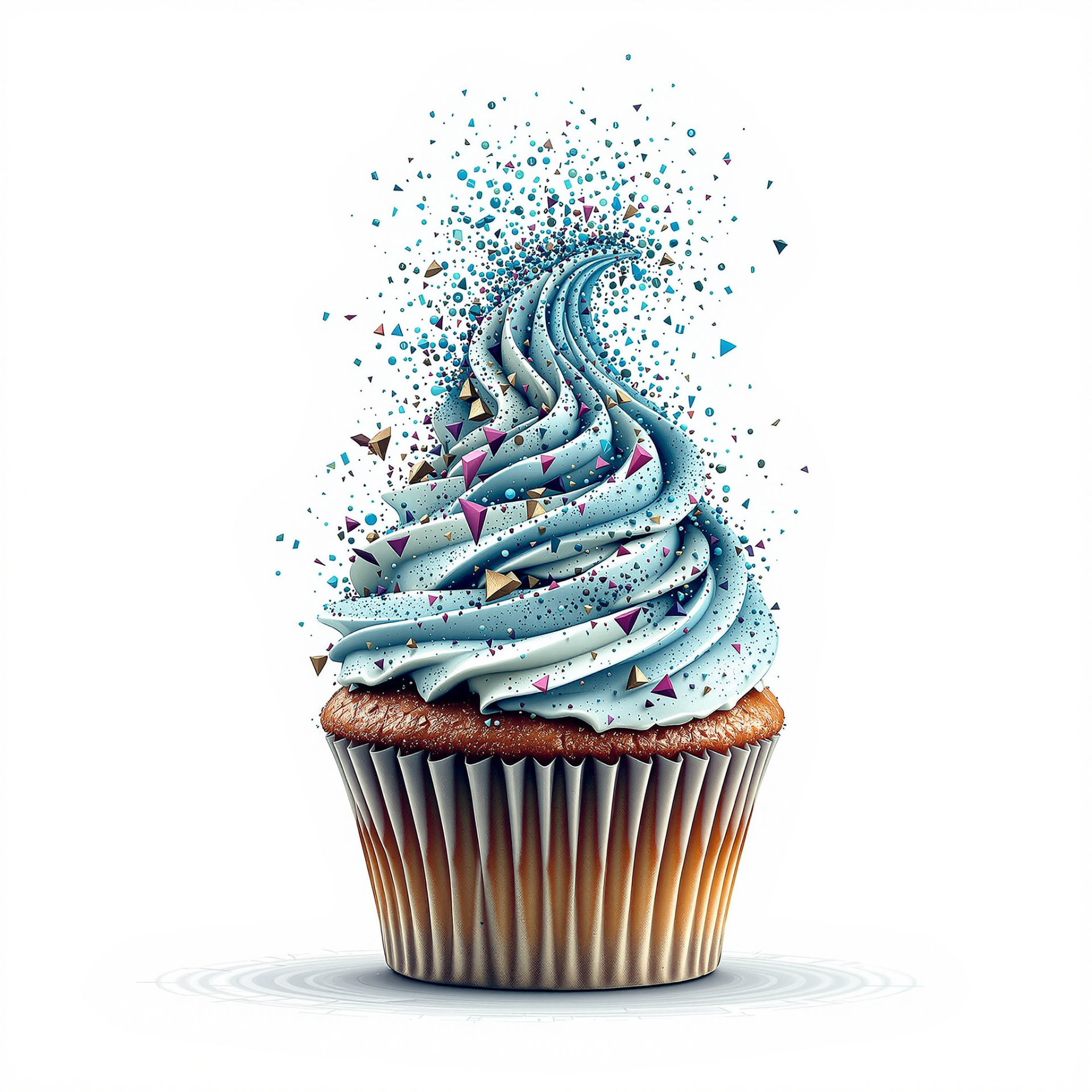 A whimsical cupcake with a swirled blue frosting, topped with colorful sprinkles and particles, serves as a vibrant forum avatar or profile photo.