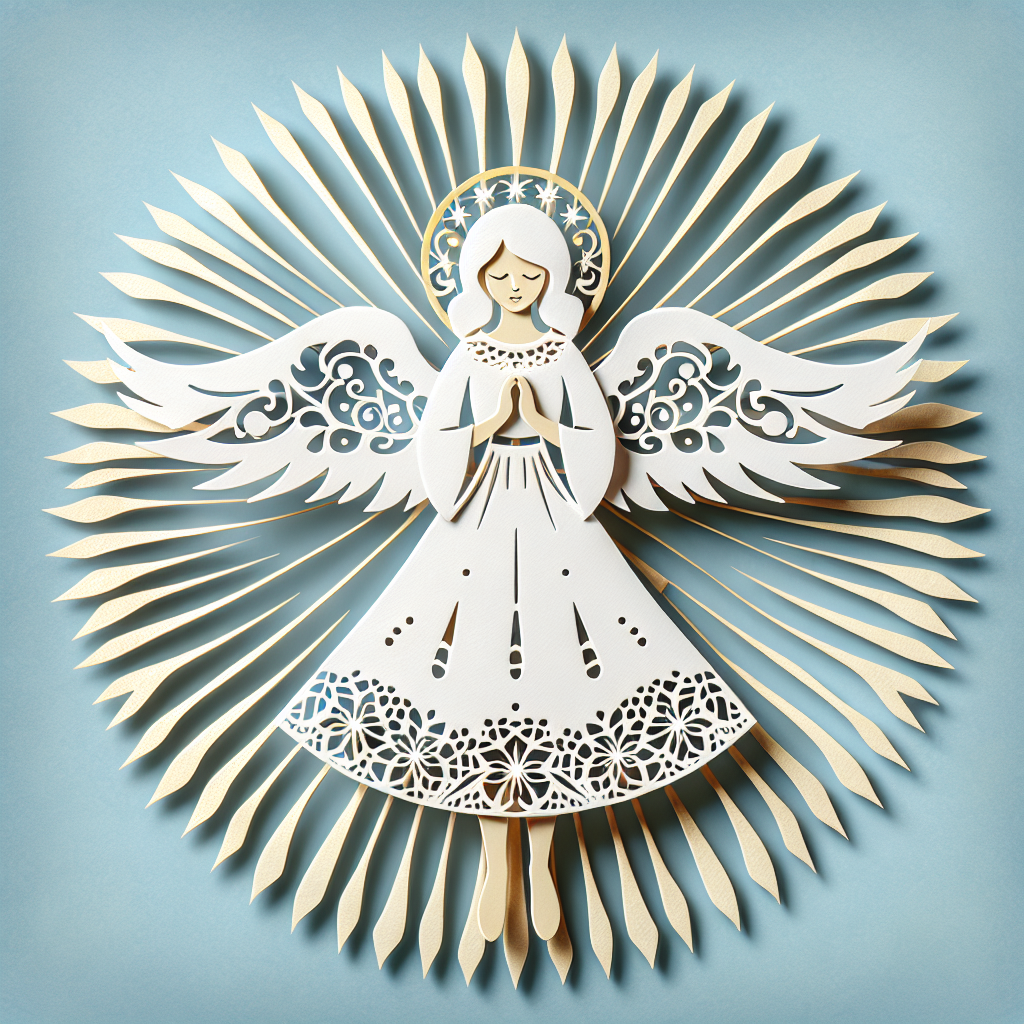 An intricate paper cut artwork featuring a serene angel with outstretched wings, gracefully standing with hands clasped in prayer, surrounded by a radiant burst of light.