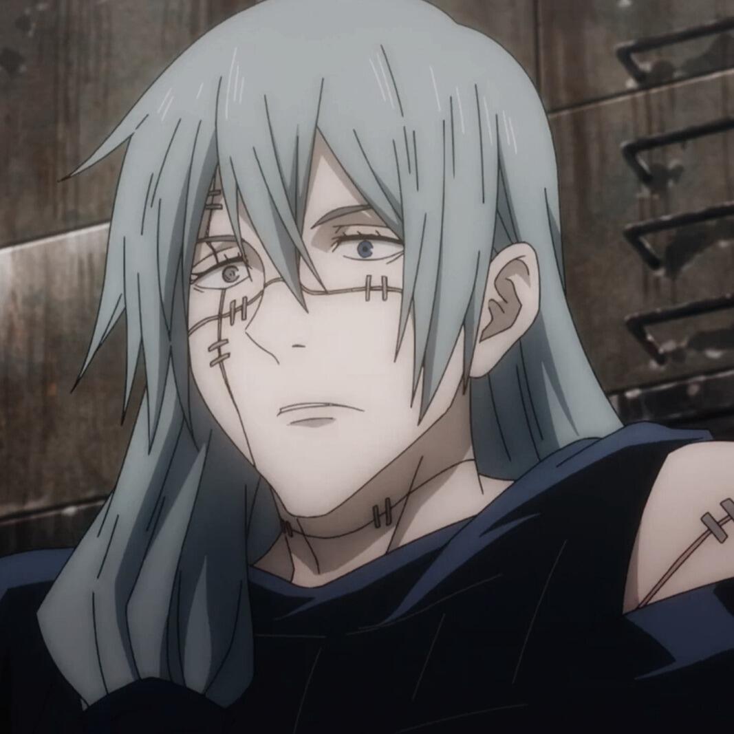 Anime profile picture featuring Mahito from Jujutsu Kaisen, characterized by long gray hair, stitches on his face, and a contemplative expression against a dark background.