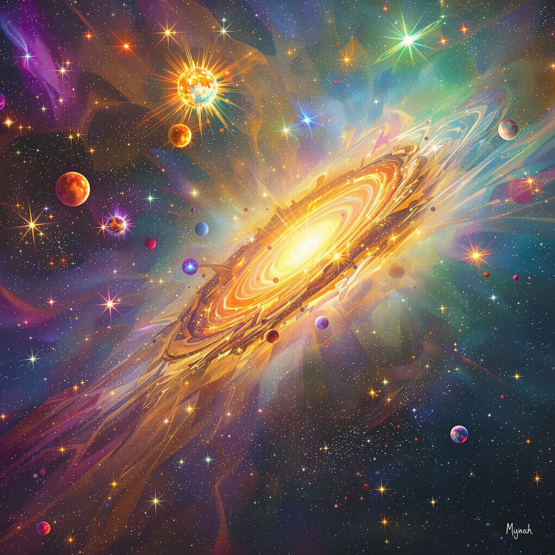 Vibrant cosmic scene featuring a glowing galaxy surrounded by colorful stars, planets, and nebulae, capturing the vast beauty of the universe in a dynamic space avatar.