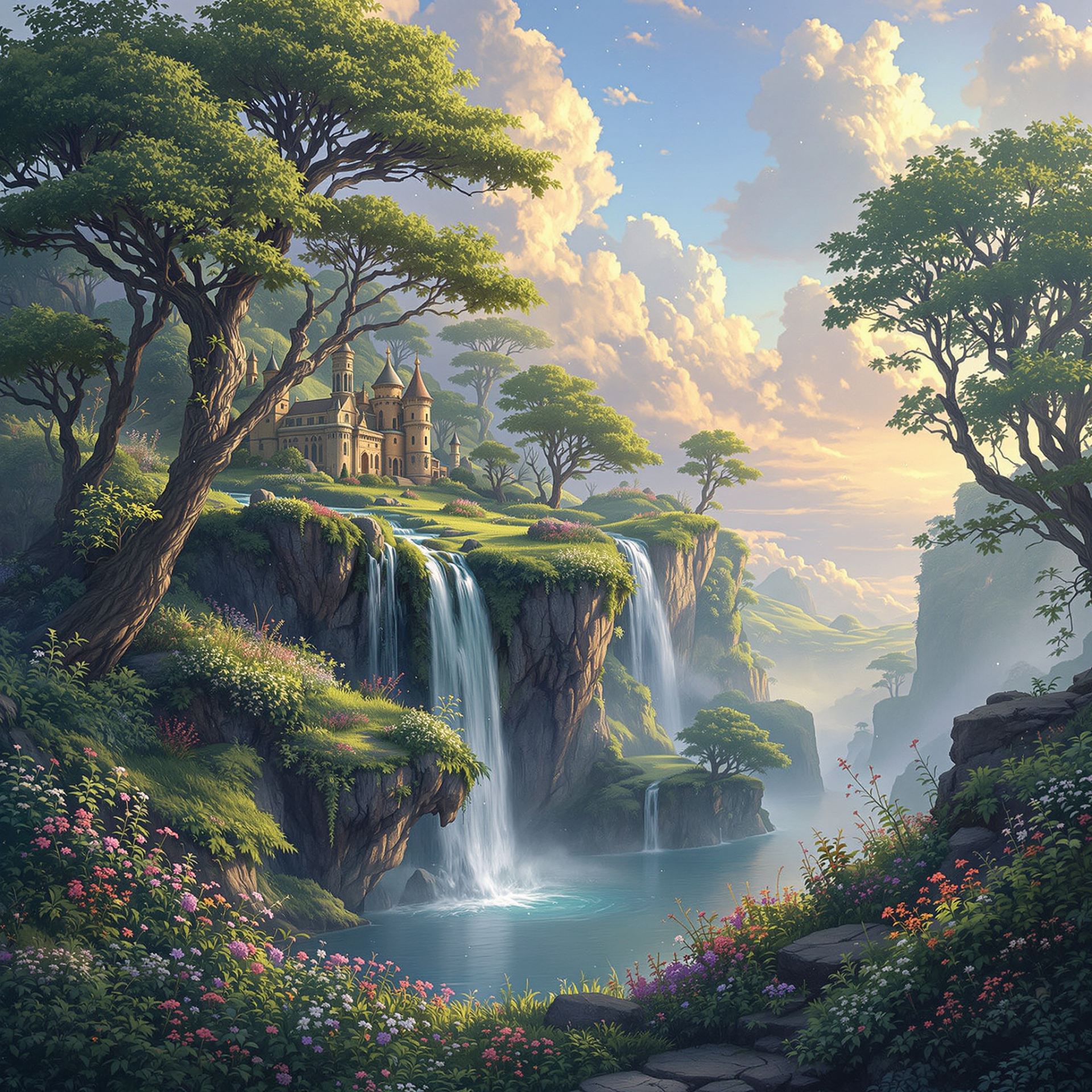 A serene fantasy landscape featuring a cascading waterfall, lush greenery, and a castle perched on a cliff, creating an enchanting atmosphere for a forum avatar.