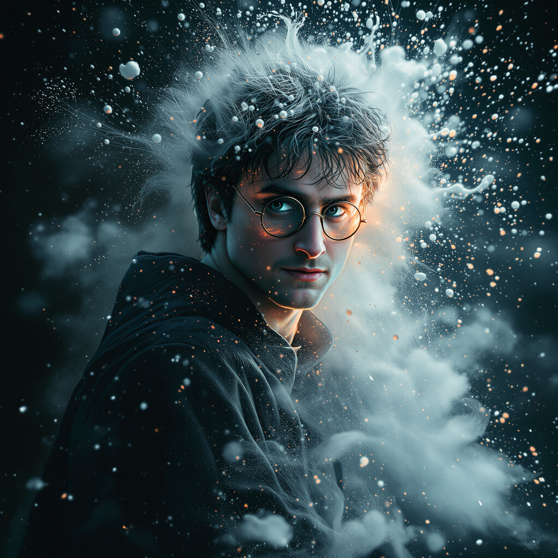 A mystical profile photo of a character inspired by Harry Potter, featuring tousled hair, round glasses, and a cloak, surrounded by an ethereal, swirling mist.