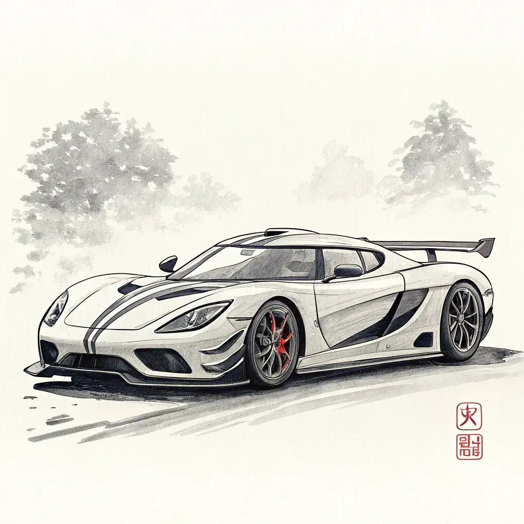 Stylized illustration of a Koenigsegg supercar, featuring a sleek white design with black accents and red brake calipers, set against a soft, muted background.