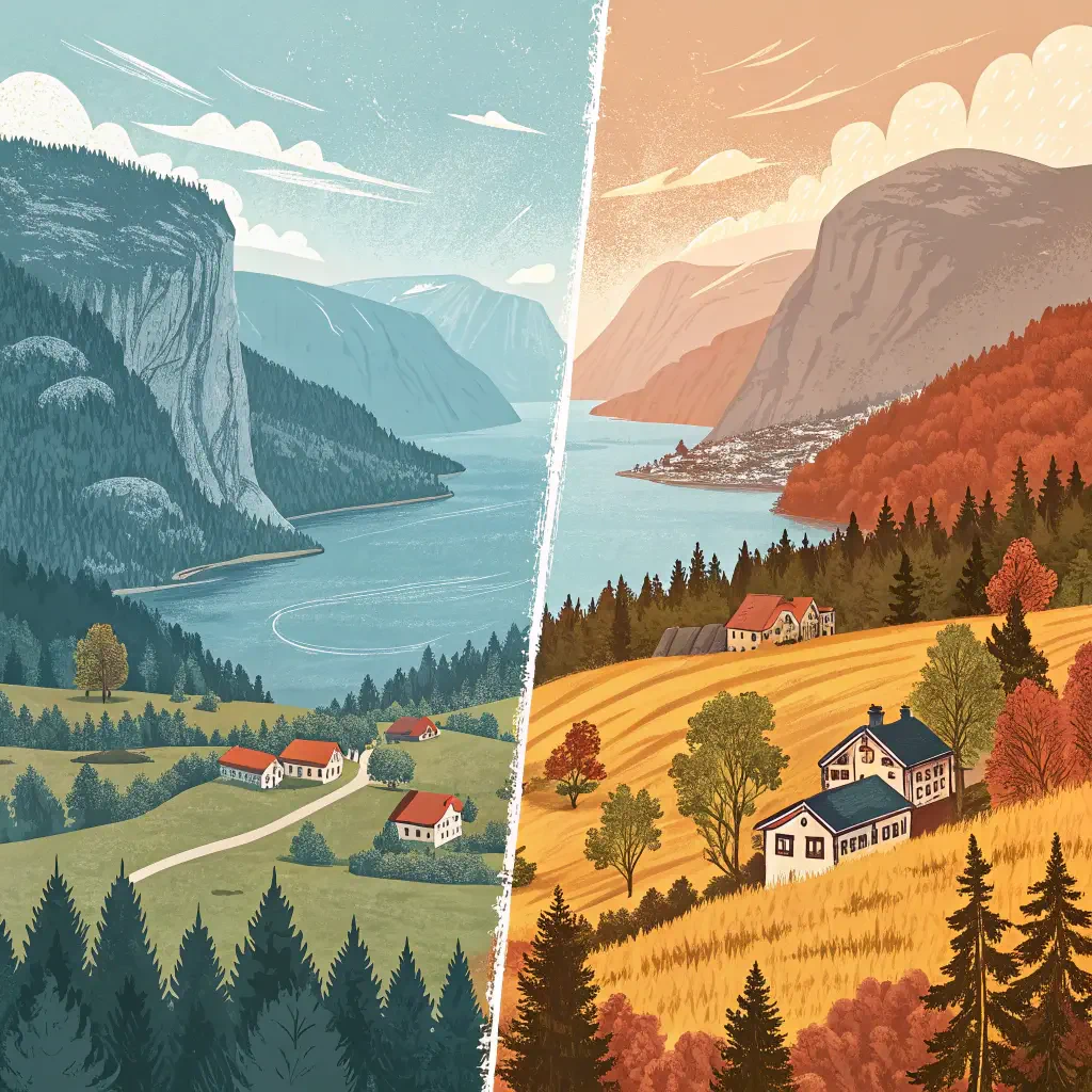 A picturesque Scandinavian landscape split into two scenes, featuring serene mountains, lush green fields, and charming houses, capturing the essence of nature's beauty in different seasons.