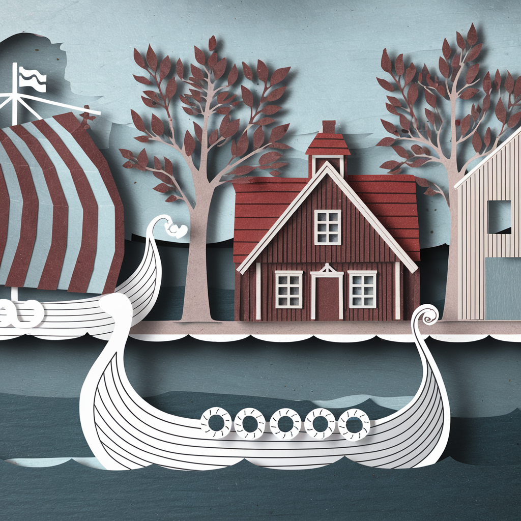Paper art style depiction of a Scandinavian landscape featuring a drakkar Viking ship sailing by traditional houses and trees along the shore.