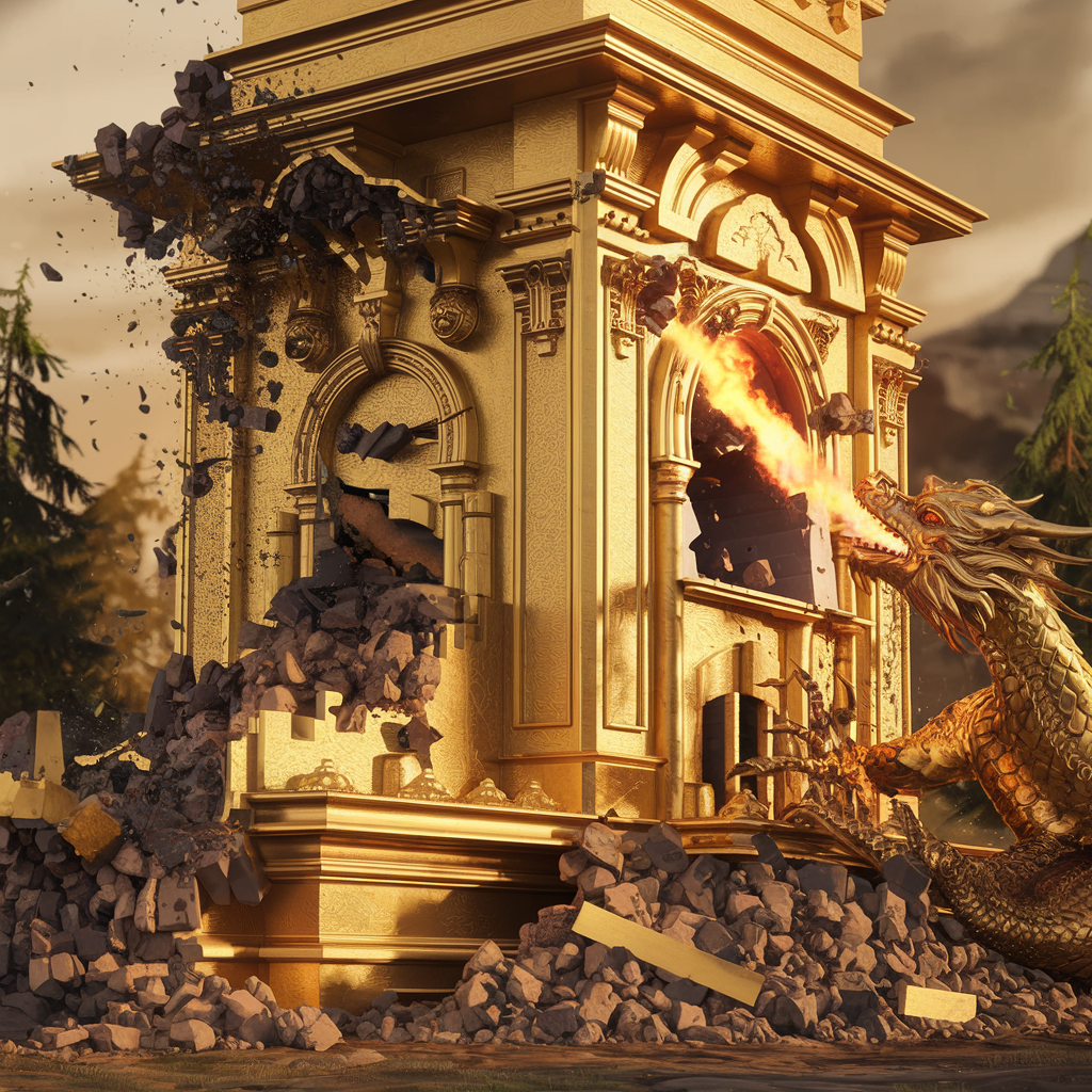 A dramatic forum avatar featuring a dragon breathing fire at a beautifully ornate, partially destroyed building, surrounded by rubble and debris, symbolizing destruction.