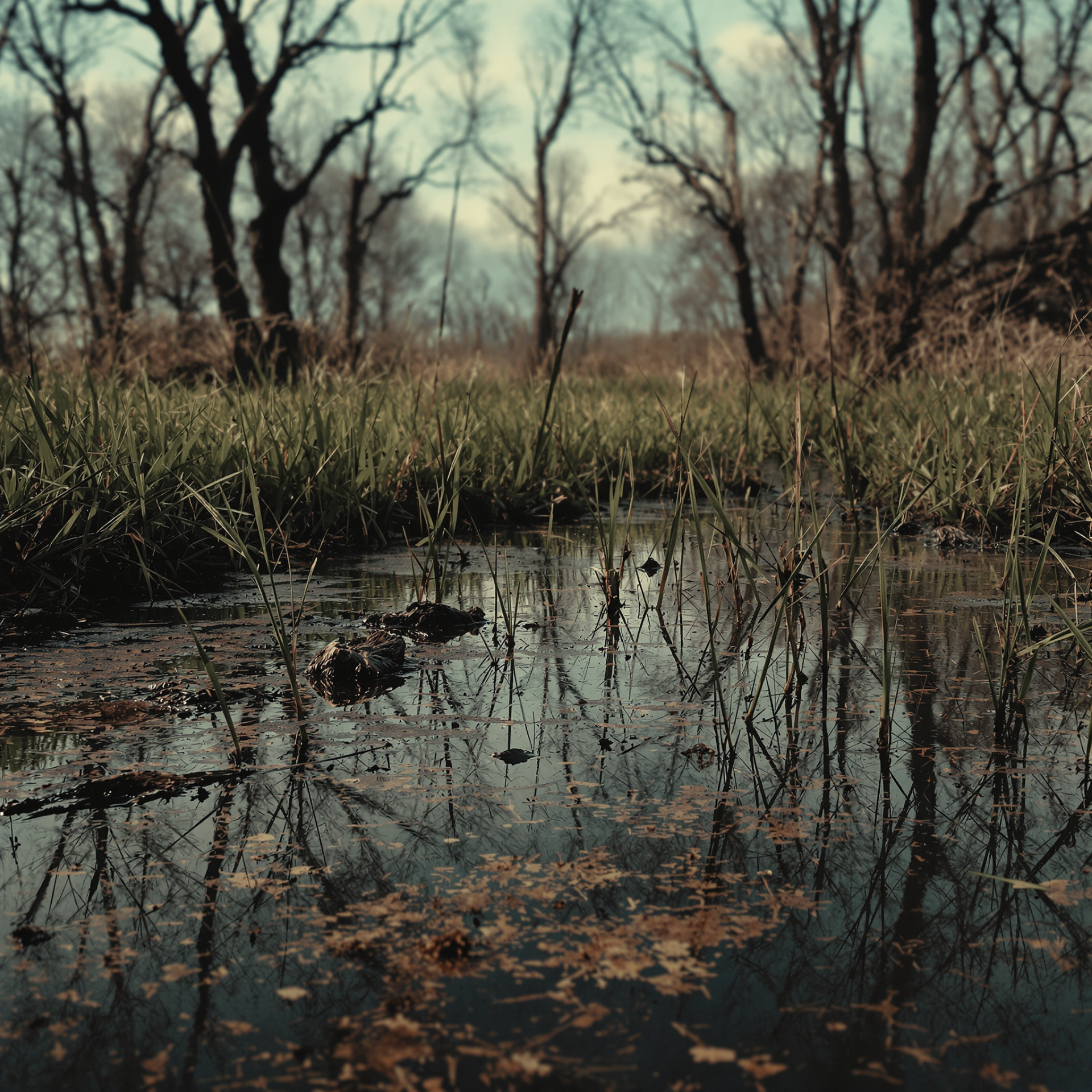 Swamp landscape with still water reflecting leafless trees and grassy edges under a cloudy sky, showcasing a quiet, natural wetland scene.