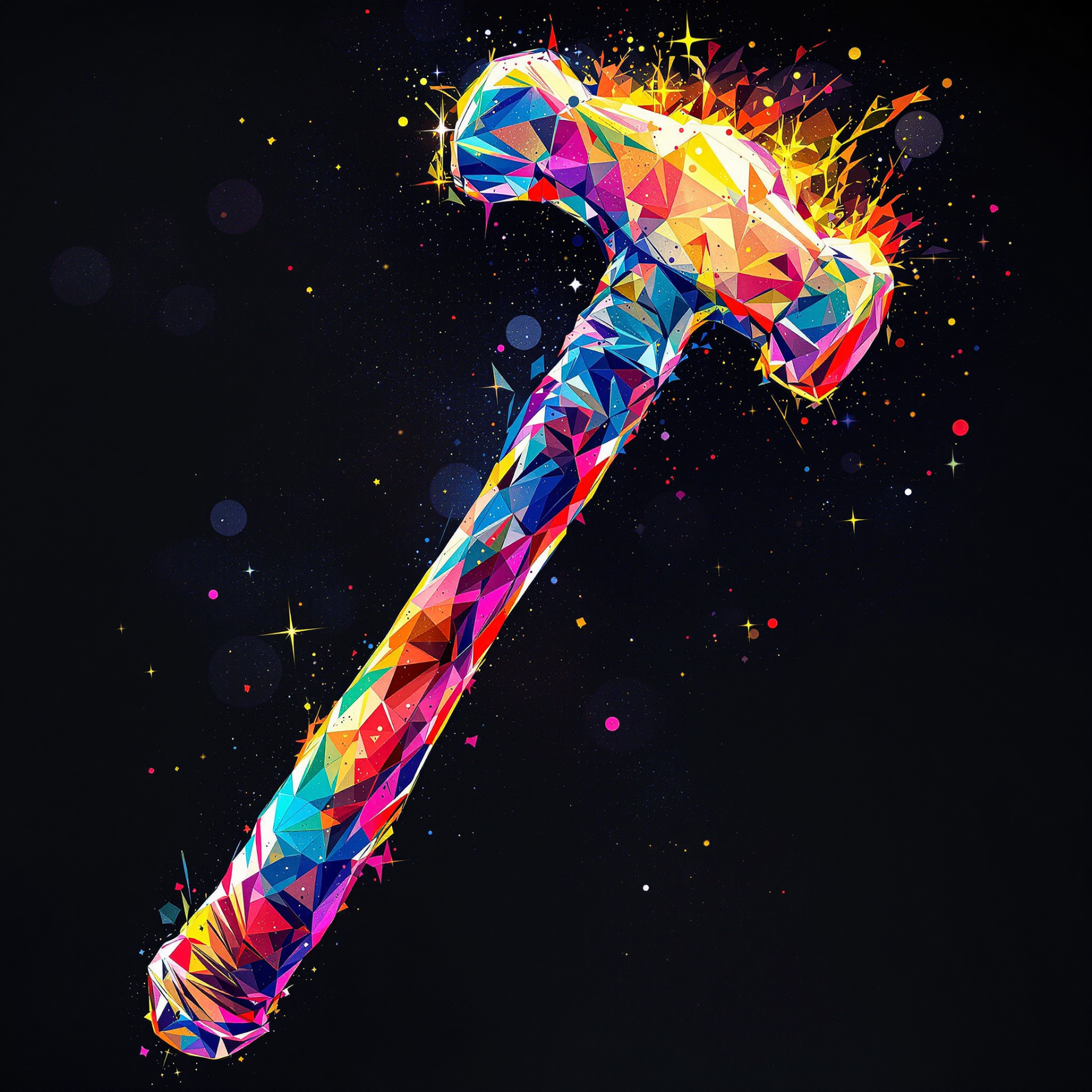 A vibrant, geometric hammer graphic with colorful sparkles, designed as a forum avatar or profile picture. The image showcases a playful and artistic interpretation of the tool.