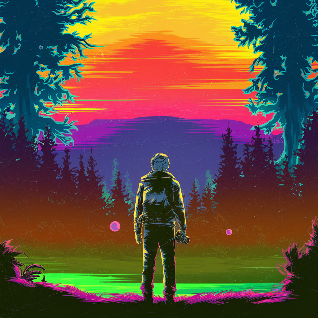 A psychedelic landscape featuring a lone figure standing at the edge of a vibrant, colorful forest with a radiant, multicolored sky in the background.