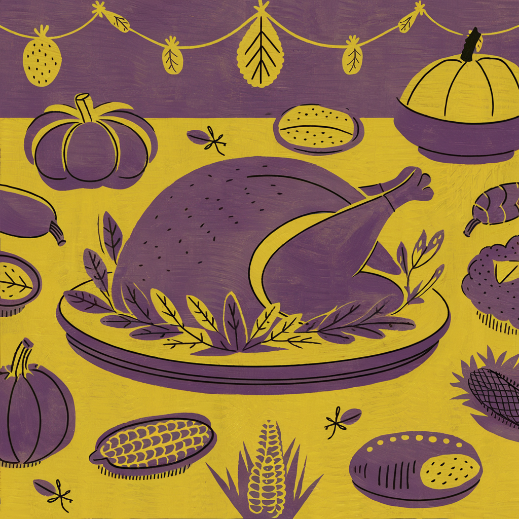 Illustration of a Thanksgiving turkey surrounded by autumn harvest foods like pumpkins, corn, and bread, set against a purple and yellow background.