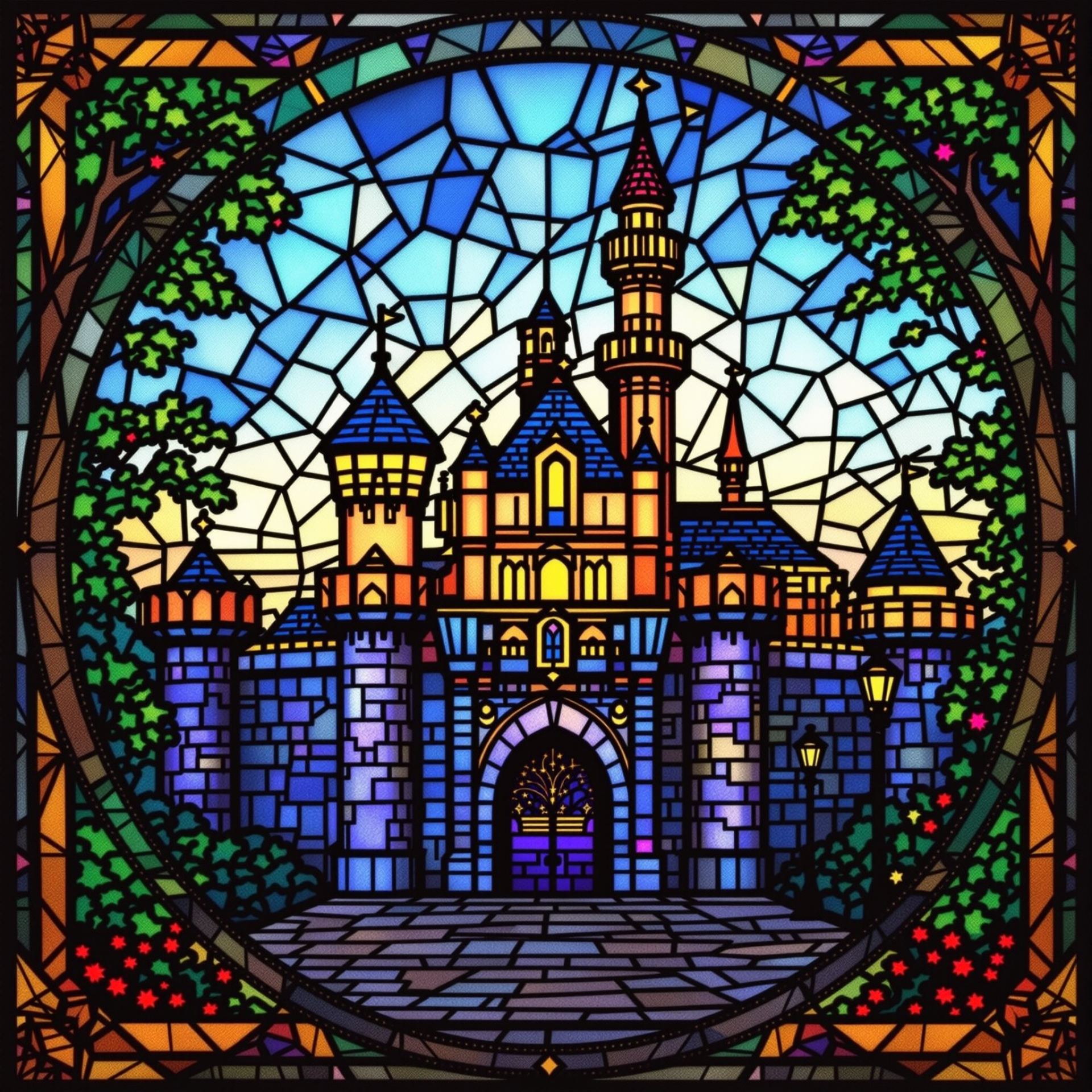 A vibrant stained glass artwork of a Disneyland castle, framed by trees and flowers, capturing a fantasy-inspired scene in rich blues, yellows, and greens as a forum avatar.