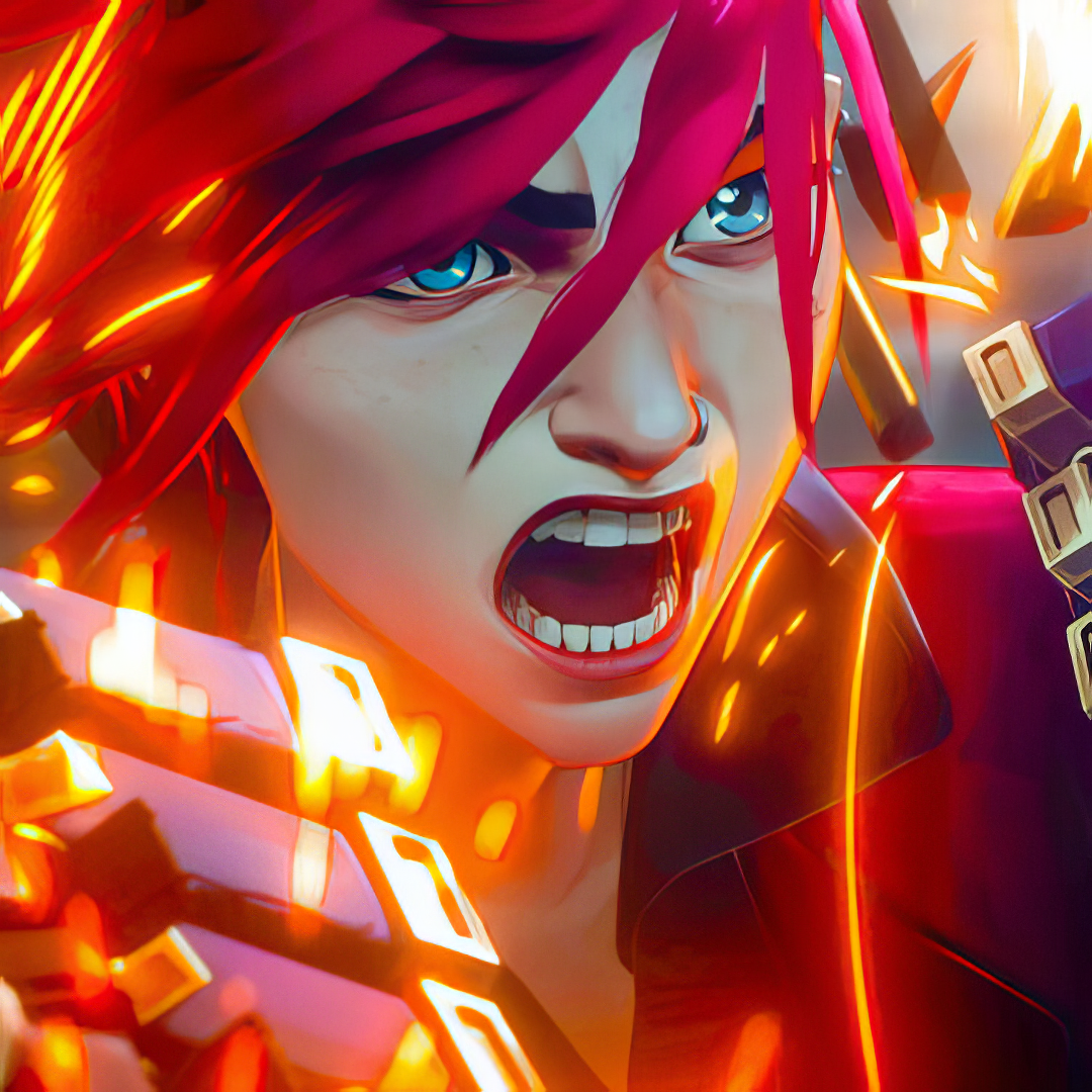 A vibrant profile picture of VI from the TV show Arcane, featuring her striking red hair and intense expression as she channels powerful energy.