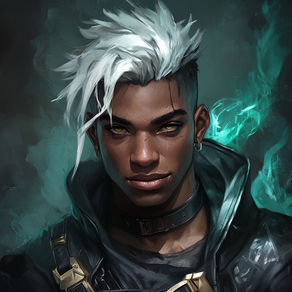 A digital avatar of Ekko from League of Legends, featuring a young man with striking silver hair and a confident expression, set against a smoky green background.