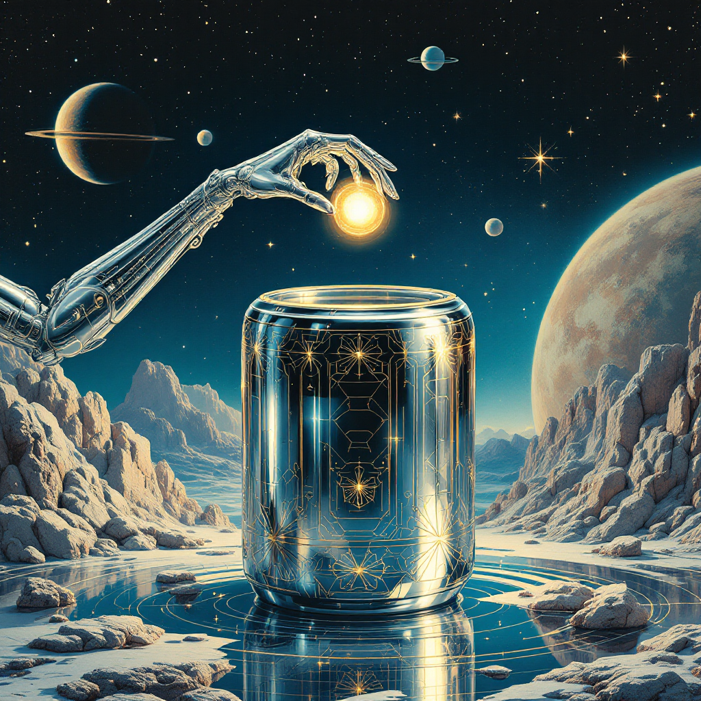 A futuristic robot hand reaches for a glowing sphere above a metallic jar, set against a starry cosmic landscape with planets and rocky terrain.