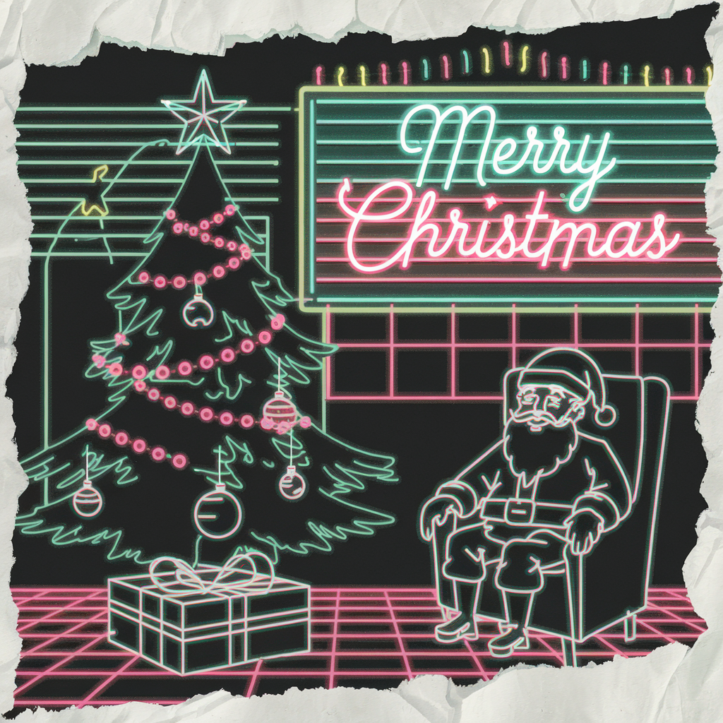 A vibrant retrowave Christmas scene featuring a Santa seated next to a decorated tree and a Merry Christmas neon sign, designed as a forum avatar or profile photo.