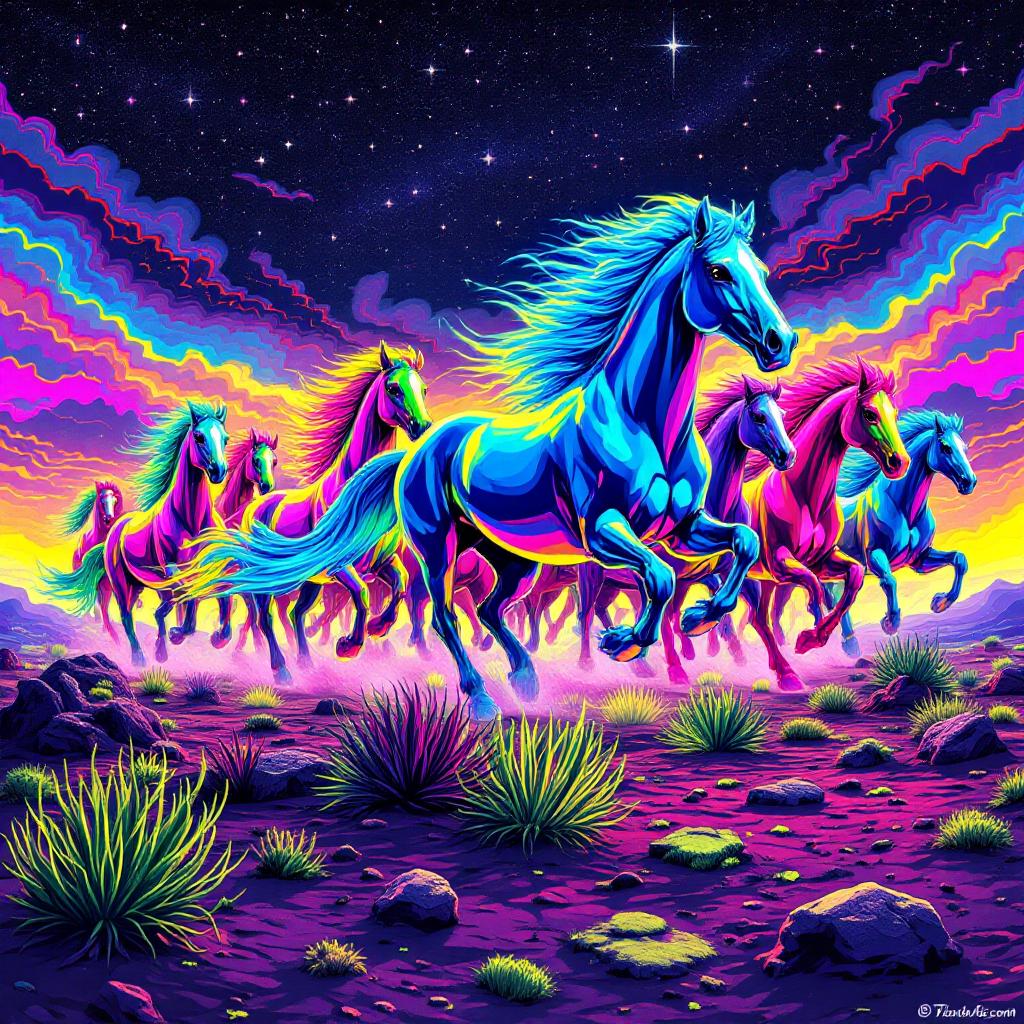 Neon-colored horses stampede across a cosmic landscape under a starry sky, blending fantasy and vibrant cosmic energy in a dynamic, colorful profile avatar.