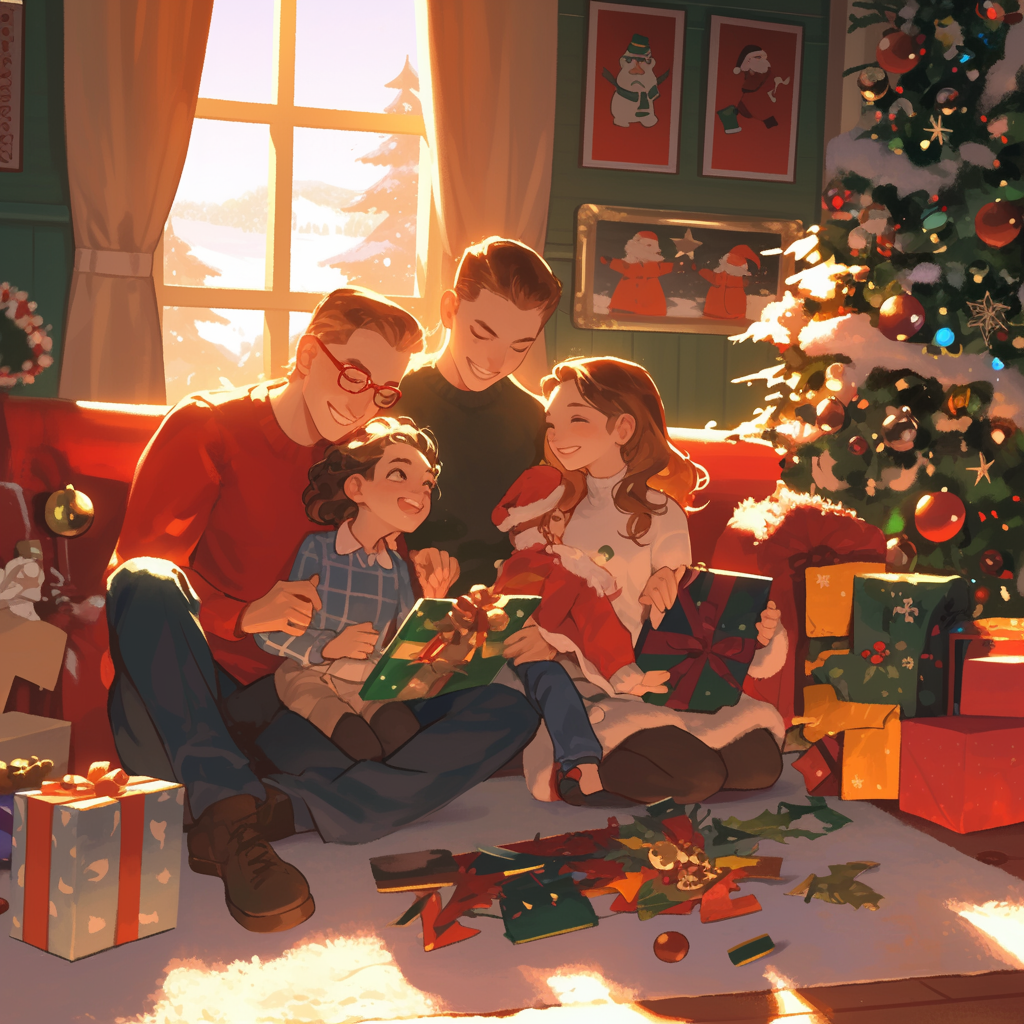 A heartwarming anime-style image featuring a family gathered around a Christmas tree, joyfully unwrapping gifts together, capturing the spirit of the holiday season.