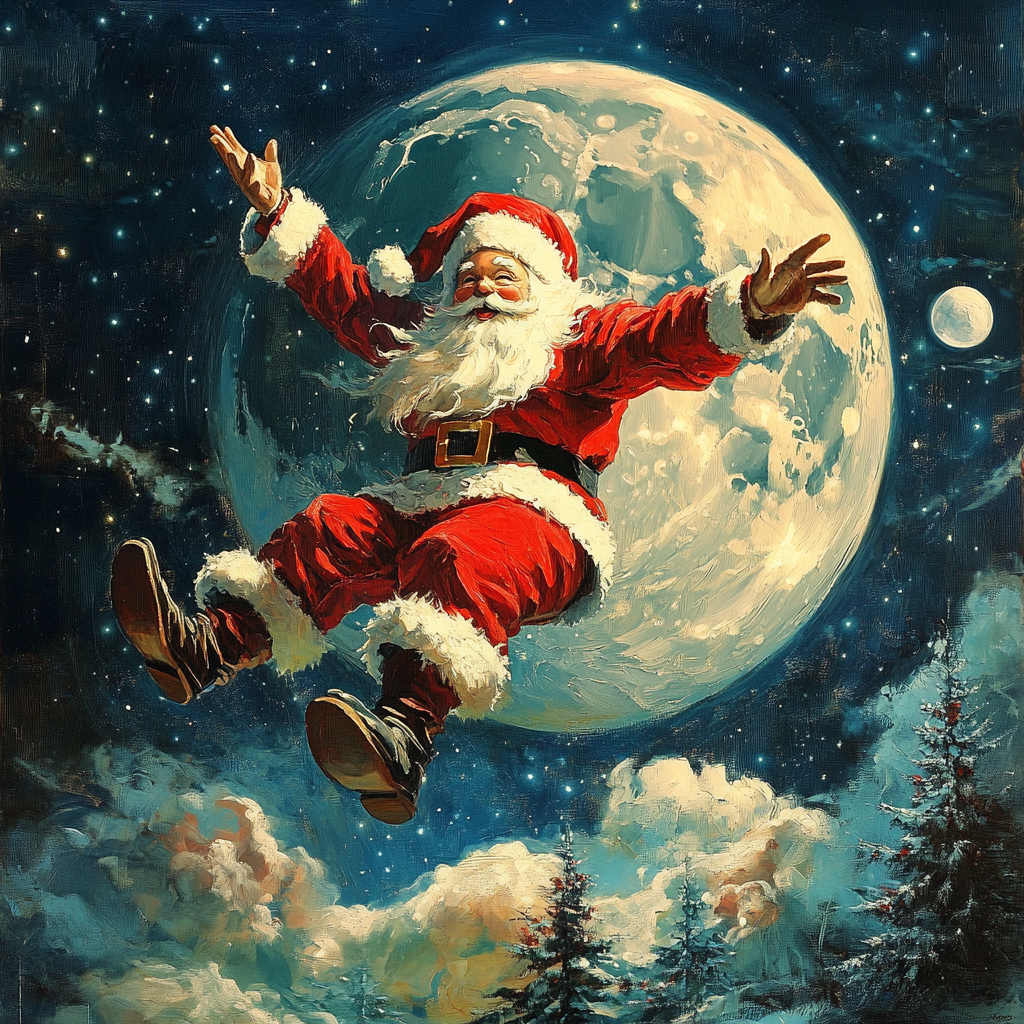 A playful Santa Claus in a red suit joyfully floats in front of a large moon, surrounded by a starry sky, celebrating the spirit of Merry Christmas.