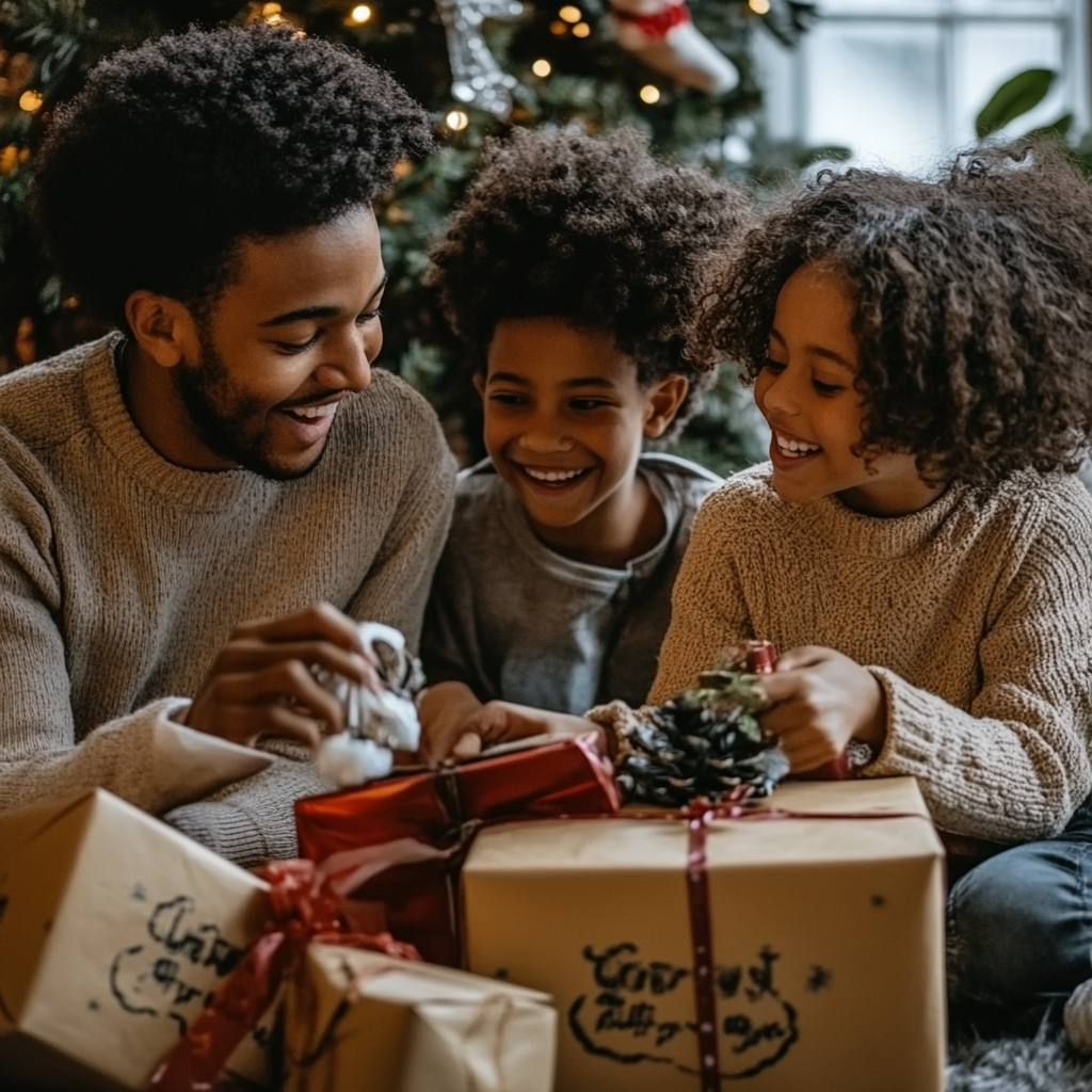 A joyful family scene at Christmas, featuring a smiling father and two children surrounded by beautifully wrapped gifts, embodying love and celebration of the holiday season.