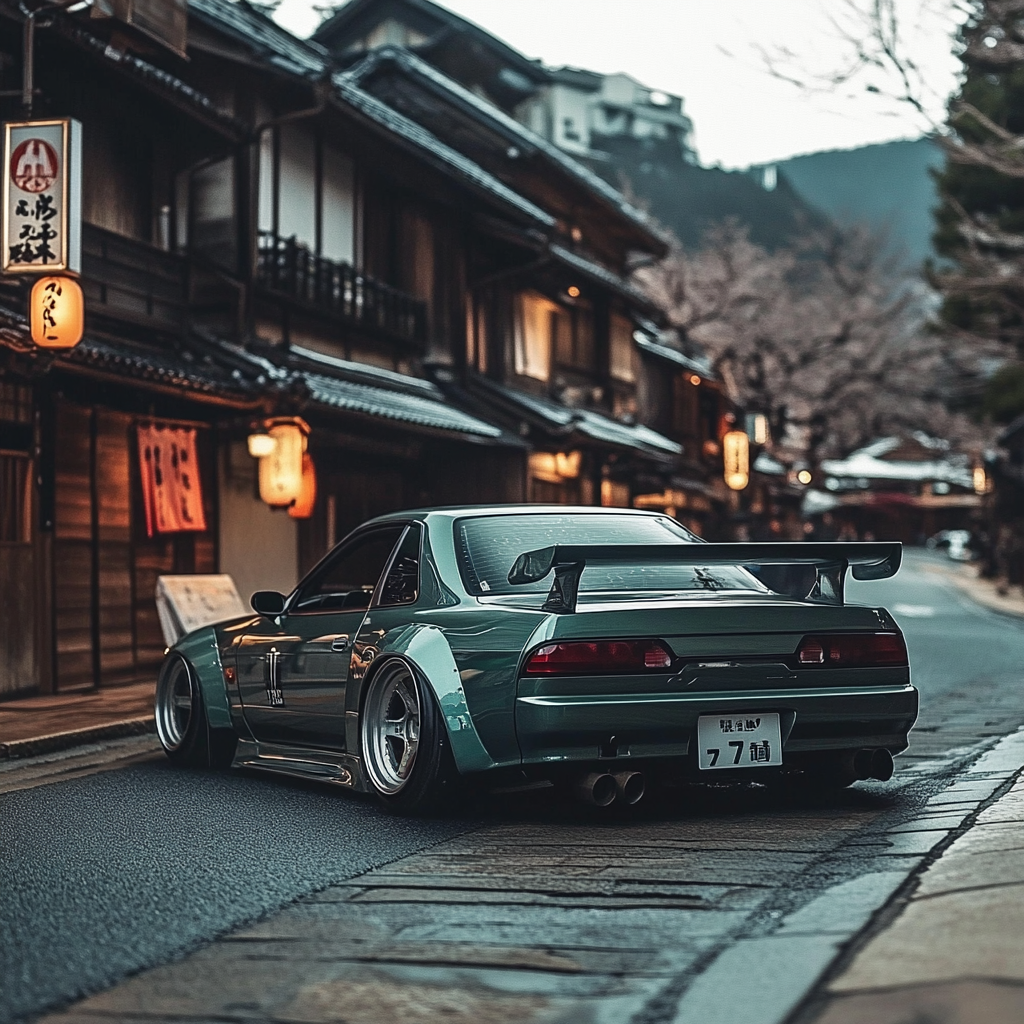 A sleek JDM car parked on a quiet street in Japan, framed by traditional buildings and lanterns, showcasing a blend of modern tuning and cultural heritage. Perfect for a forum avatar.