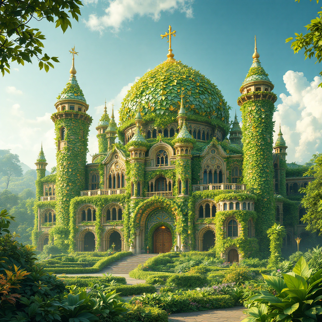 A whimsical, intricately designed castle covered in lush greenery, set against a serene landscape with soft clouds and vibrant foliage, serving as a captivating forum avatar.