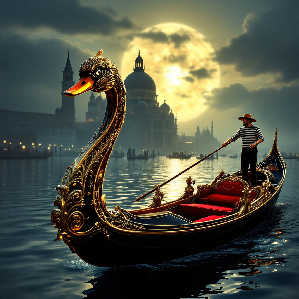 Silhouette of a gondolier steering an ornately carved gondola on a Venetian river under moonlight, with historic cityscape softly illuminated in the background.