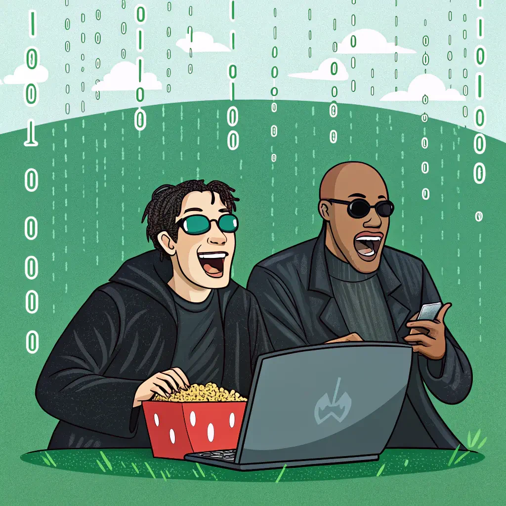 Two characters inspired by Matrix technology enjoy entertainment outdoors, one holding popcorn while watching a laptop, surrounded by falling digital binary code.