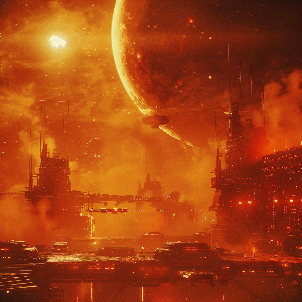 Futuristic sci-fi cityscape bathed in orange light with a large glowing planet and spacecrafts, set against a vast space backdrop.