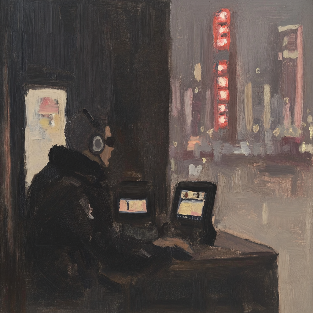 A cyberpunk hacker sits at a dimly lit desk, wearing headphones and focused on two monitors, with a vibrant cityscape glowing outside the window.
