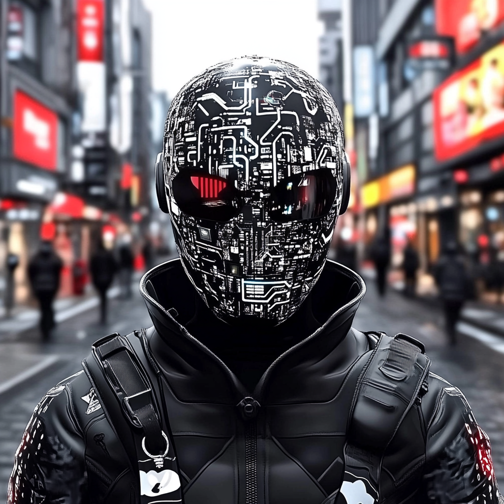 A striking cyberpunk avatar featuring a figure with a high-tech, circuit-patterned mask and glowing red eyes, set against a bustling city backdrop, embodying hacker aesthetics.