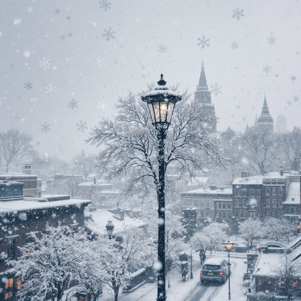 A snowy winter cityscape with gently falling snowflakes, featuring a glowing lamp post in the foreground amidst snow-covered trees and buildings.