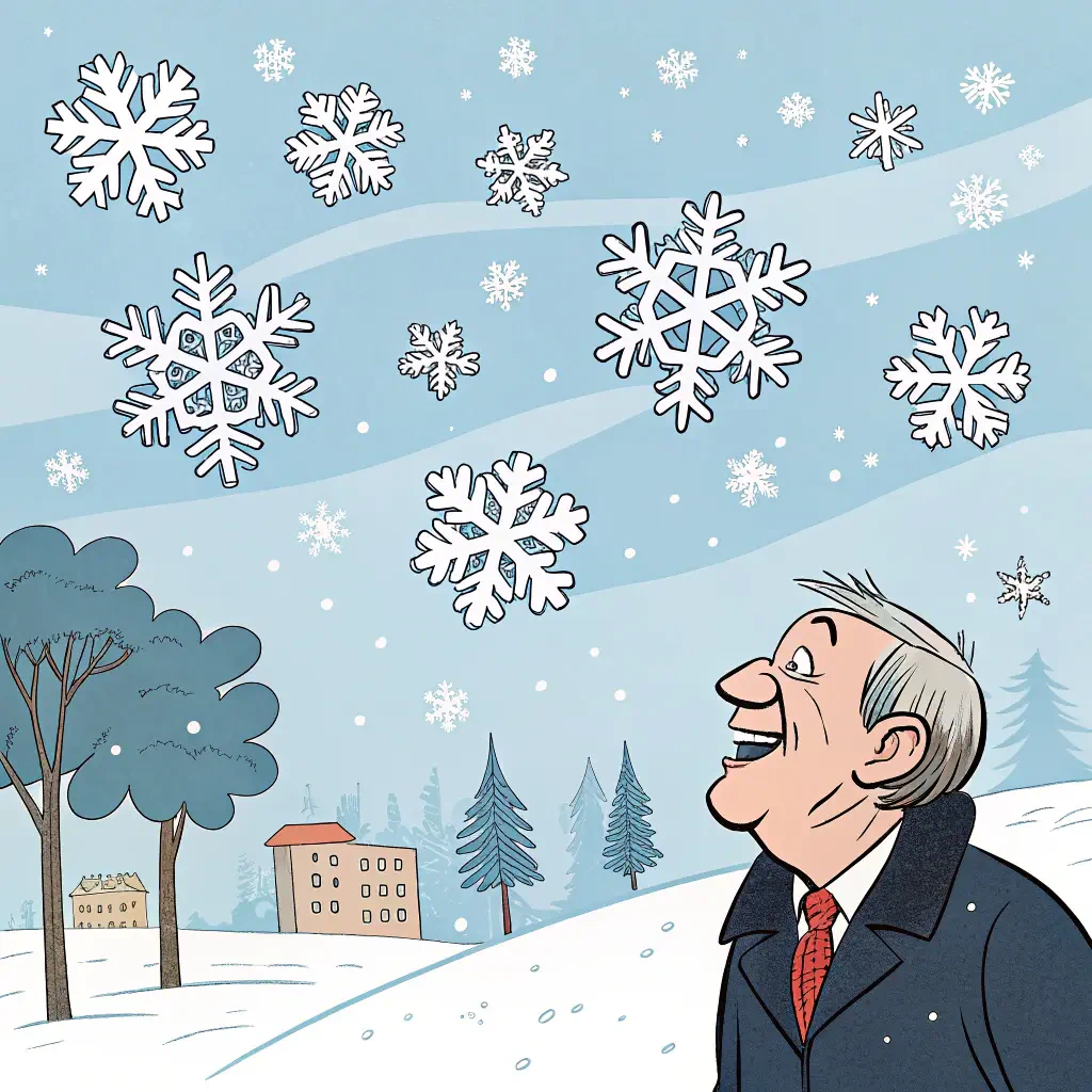 A cheerful man in a coat looks up at large snowflakes falling from a blue sky, surrounded by trees and buildings, capturing a whimsical winter scene for a forum avatar.