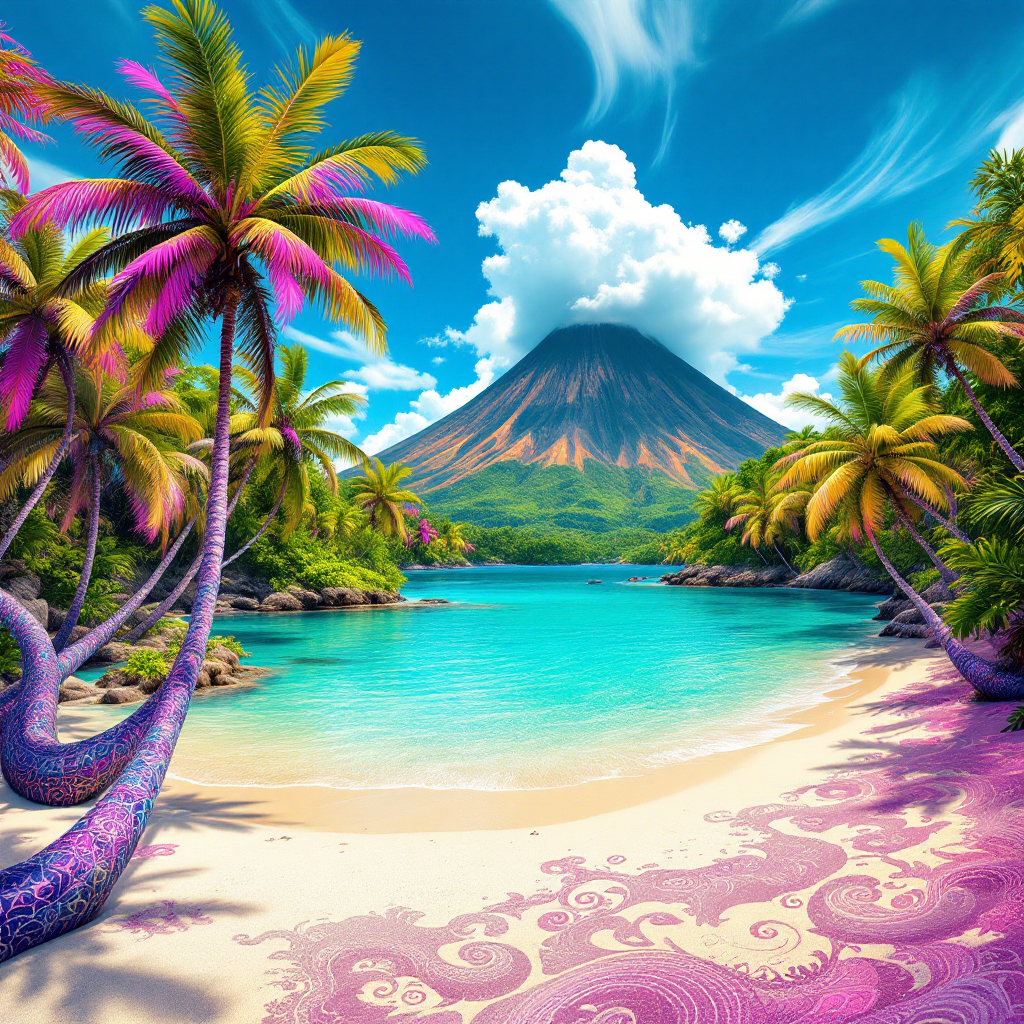 Tropical forum avatar featuring a vibrant beach with palm trees, turquoise water, and a smoking volcano under a bright blue sky.