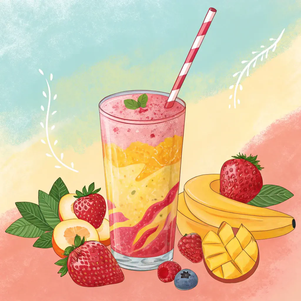 A colorful smoothie in a glass with a striped straw, surrounded by fresh fruits like strawberries, bananas, and mangoes, making for a vibrant forum avatar.