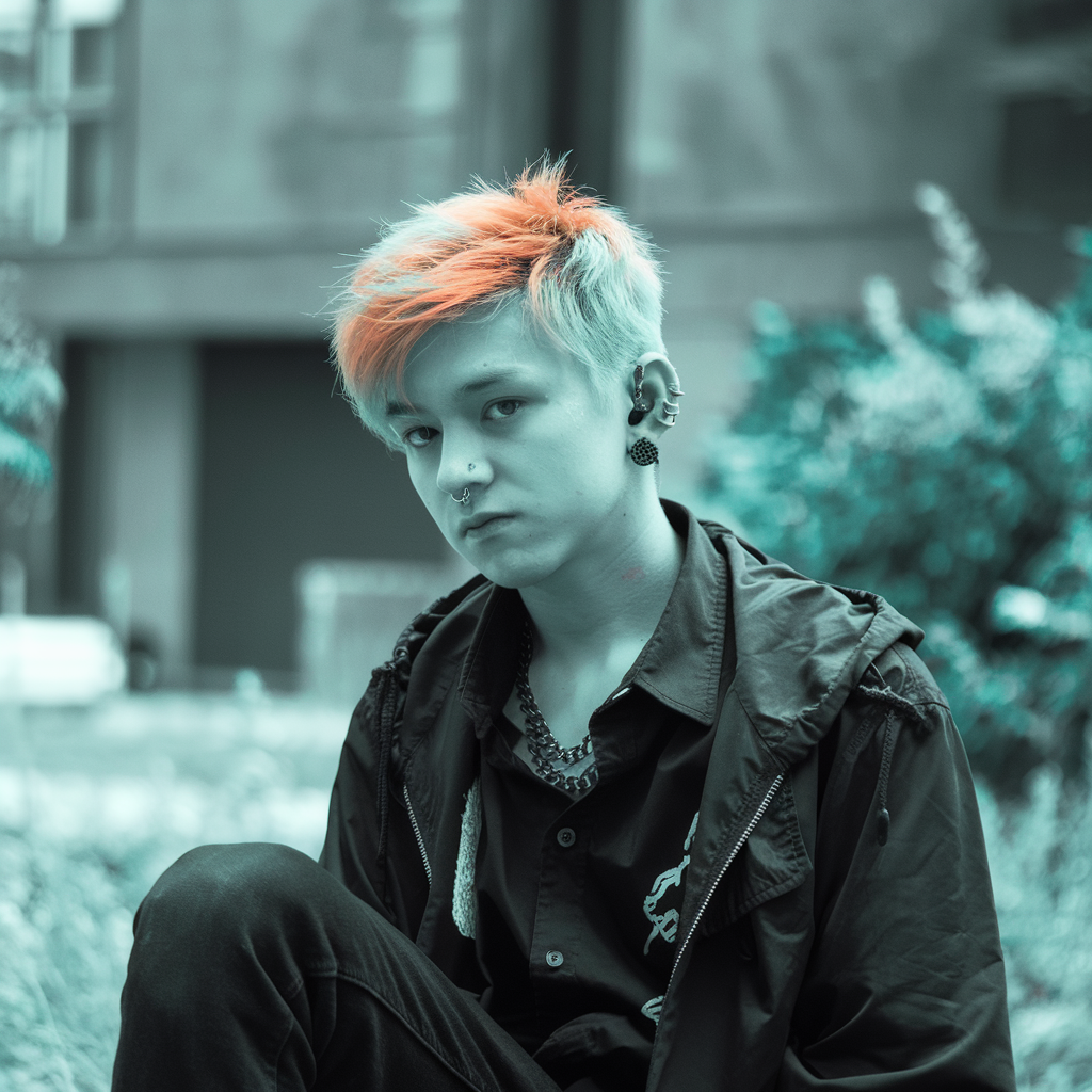 A young individual with edgy style, featuring striking orange hair and piercings, poses thoughtfully in a lush outdoor setting. This image serves as an emo-themed profile photo.