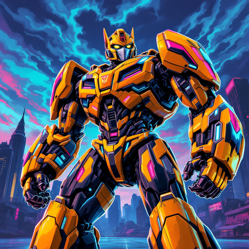 Vibrant, futuristic depiction of Bumblebee from Transformers standing boldly in a colorful urban setting with neon highlights and a dynamic sky.