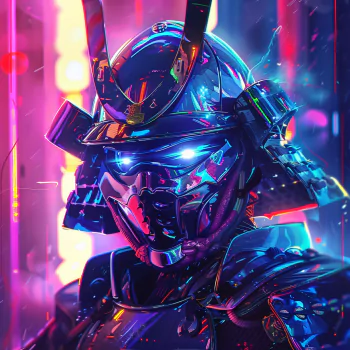 Samurai in vibrant armor, glowing with blue lights, against a colorful neon background. Forum avatar/profile photo.