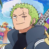 Anime-style avatar of Roronoa Zoro from One Piece, featuring his signature green hair, scar across his eye, and three swords on his back against a vibrant sky background.