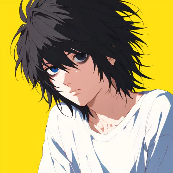 Anime character L from Death Note stares intensely with a serious expression. The profile photo has a bright yellow background, contrasting with L’s dark hair and white shirt.