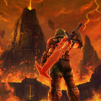 A fierce warrior stands in front of a fiery fortress, holding a glowing sword, representing the video game DOOM: The Dark Ages. This striking image serves as a bold forum avatar.