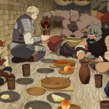 An anime forum avatar from Delicious in Dungeon, depicting a group of adventurers sharing a meal in a dungeon setting, surrounded by food and drink.