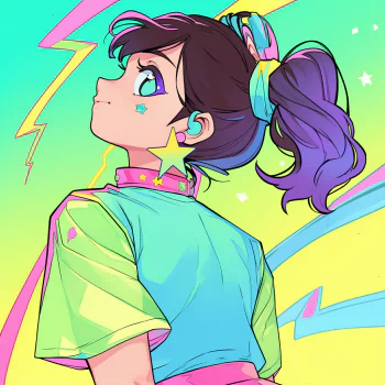 A vibrant anime girl profile picture features a young woman looking up, adorned with star-shaped accessories, set against a colorful, dynamic background.