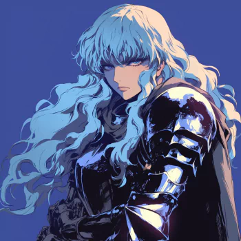 A stylized anime profile photo of Griffith from Berserk, featuring striking blue hair and intricate silver armor, set against a bold blue background.