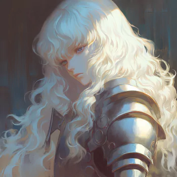 Anime-inspired profile photo of Griffith from Berserk, featuring his striking long white hair and ornate armor, capturing a powerful and ethereal presence.