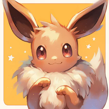 A cute, anime-style illustration of Eevee from Pokémon, featuring large, sparkling eyes and a fluffy tail, set against a cheerful yellow background with stars.