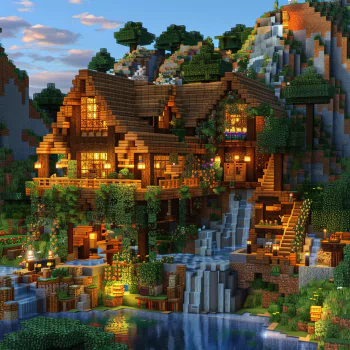 A vibrant Minecraft avatar featuring a beautifully crafted house surrounded by lush greenery, waterfalls, and warm lighting, showcasing the game's creative possibilities.