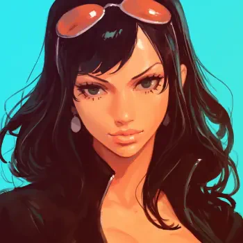Anime-inspired profile photo featuring Nico Robin from One Piece wearing sunglasses, showcasing her stylish and confident demeanor.